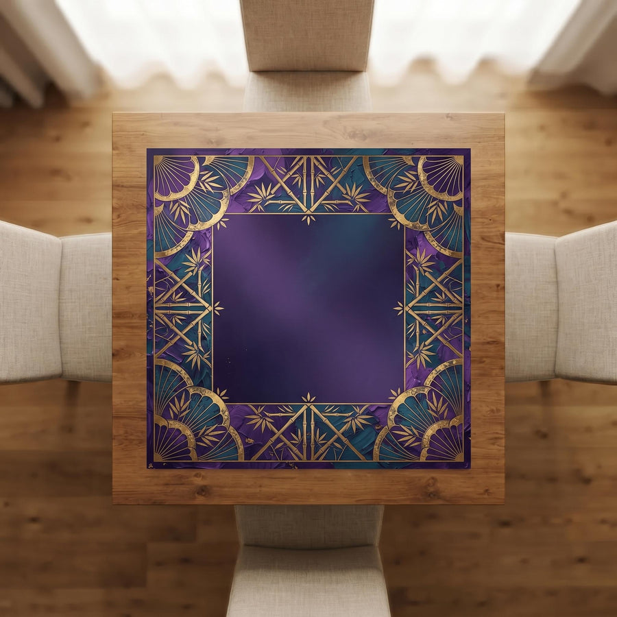 Purple Teal Mahjong Mat, Gold Bamboo Fan Medallion Table Cover, Non Slip Rollable Mahjong Playmat, Jewel Tone Mahjong Gift for Her