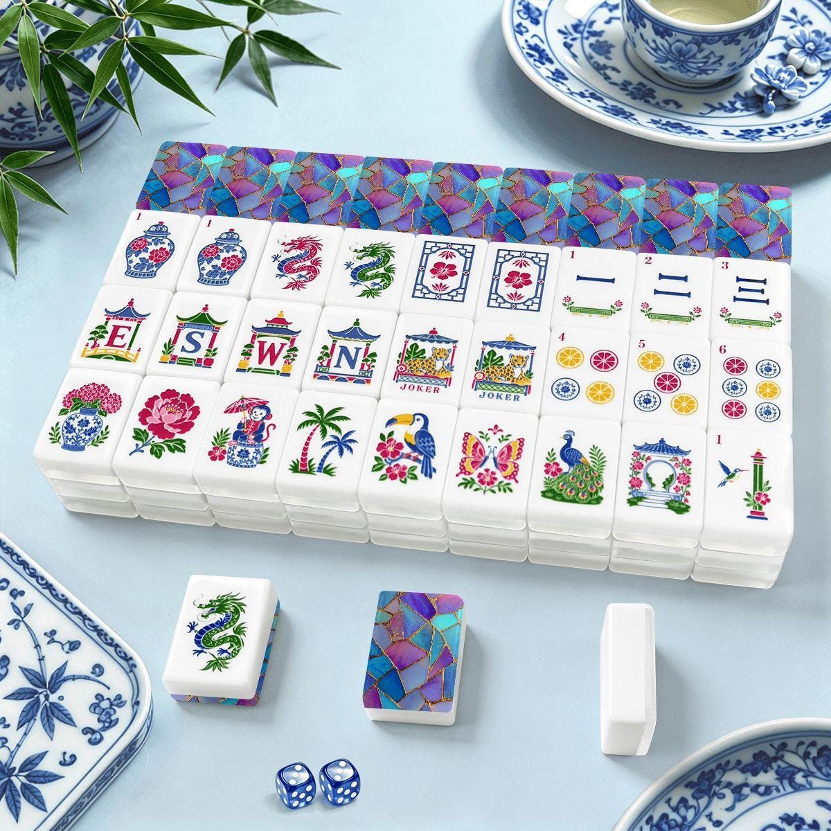 Stained Glass Mahjong Tiles, Purple Blue Acrylic American Mahjong Set, 160 Tiles with Jokers