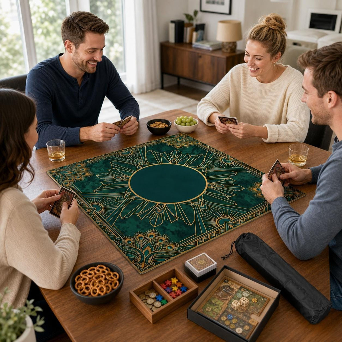 Emerald Green Mahjong Mat, Gold Art Deco Medallion Table Cover, Non Slip Roll Up Mahjong Gift, Christmas Gift for Mahjong Players