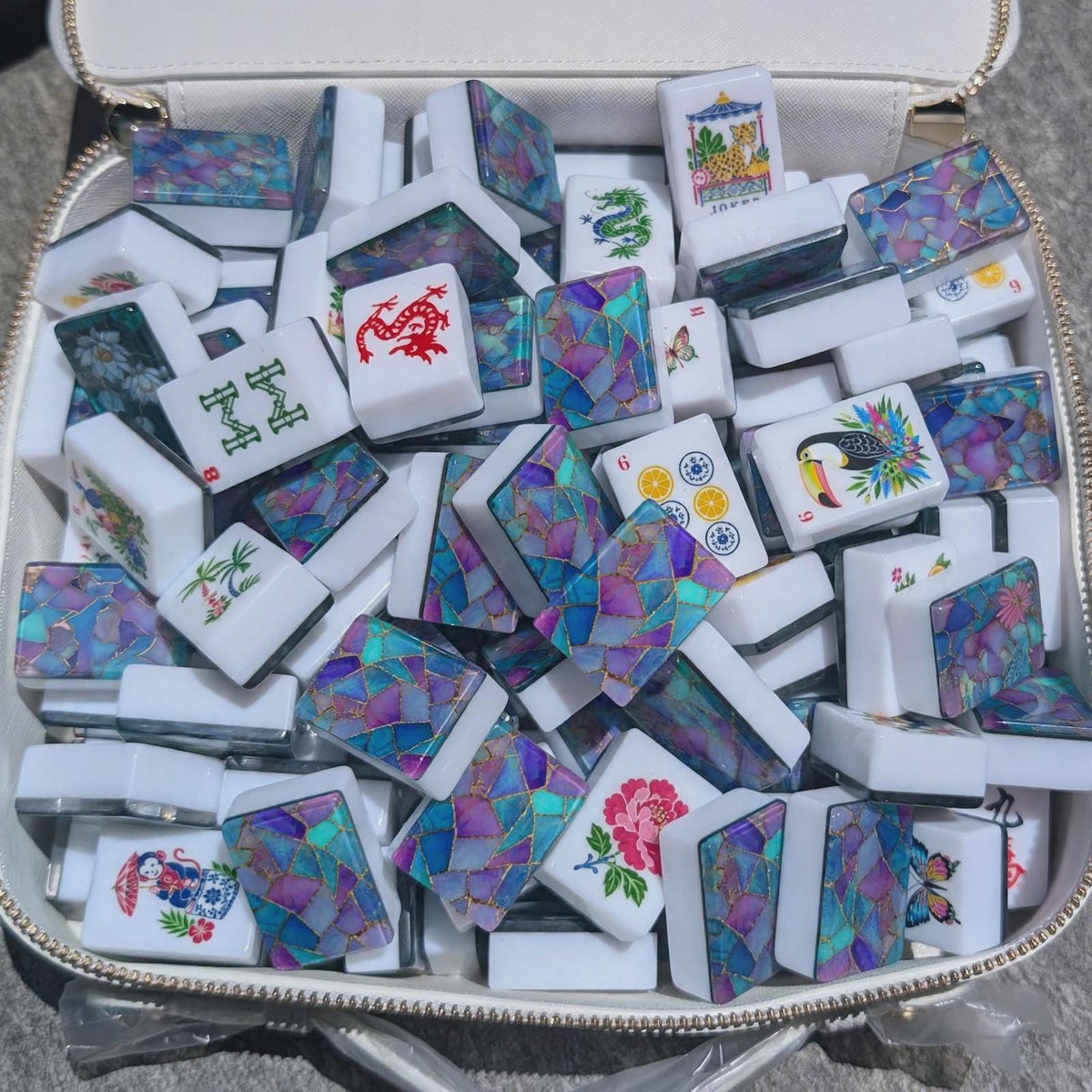 Stained Glass Mahjong Tiles, Purple Blue Acrylic American Mahjong Set, 160 Tiles with Jokers