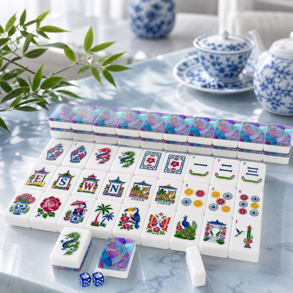 Stained Glass Mahjong Tiles, Purple Blue Acrylic American Mahjong Set, 160 Tiles with Jokers