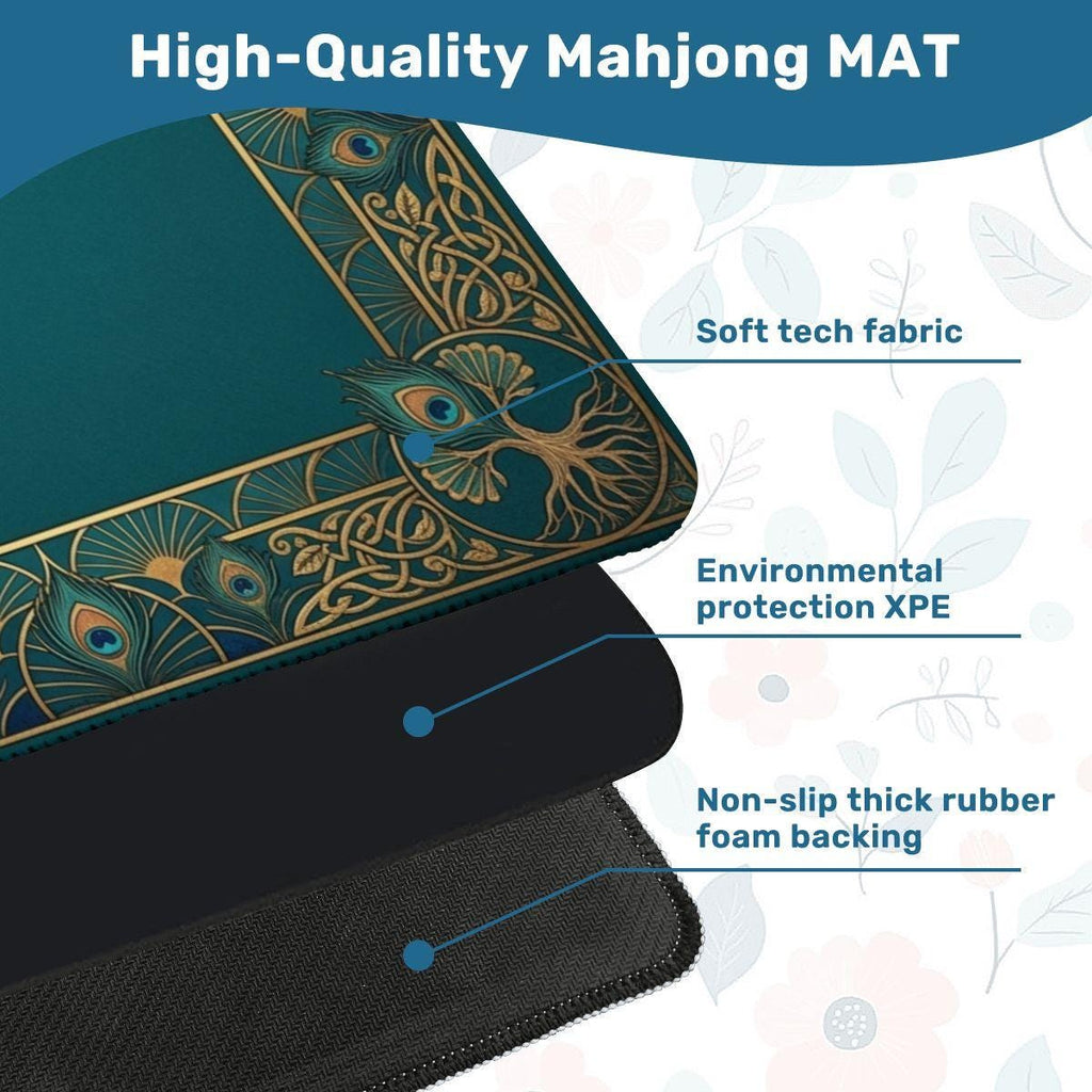 Chinoiserie Mahjong Mat, Green and Gold Oriental Medallion Playmat, Rollable Non Slip Mah Jongg Table Mat, Game Room Decor Gift