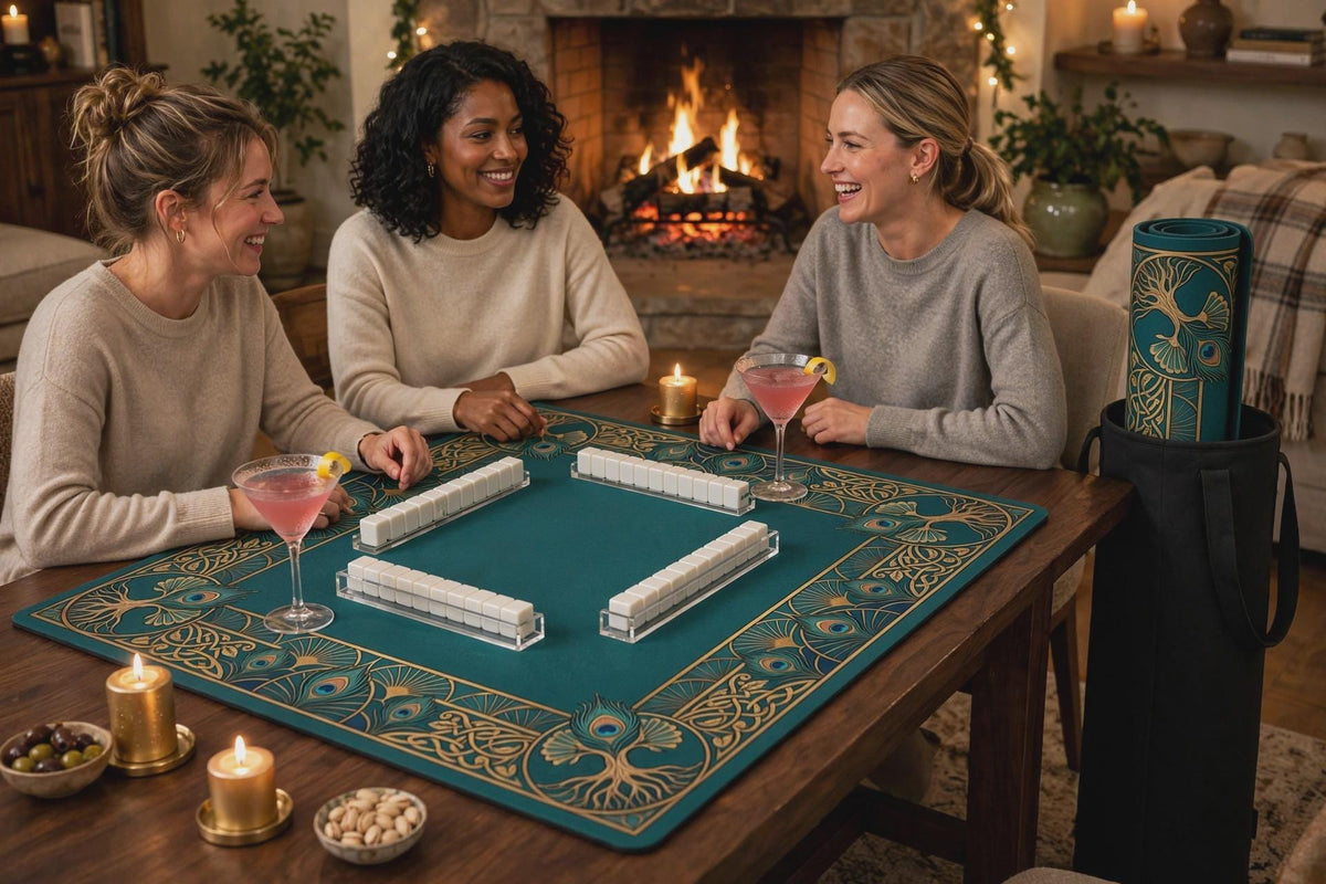 Chinoiserie Mahjong Mat, Green and Gold Oriental Medallion Playmat, Rollable Non Slip Mah Jongg Table Mat, Game Room Decor Gift