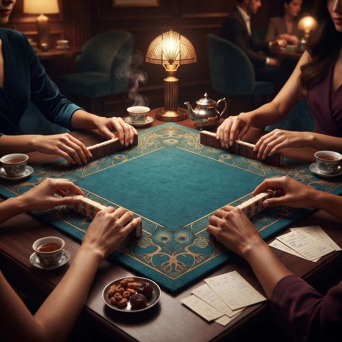 Chinoiserie Mahjong Mat, Green and Gold Oriental Medallion Playmat, Rollable Non Slip Mah Jongg Table Mat, Game Room Decor Gift