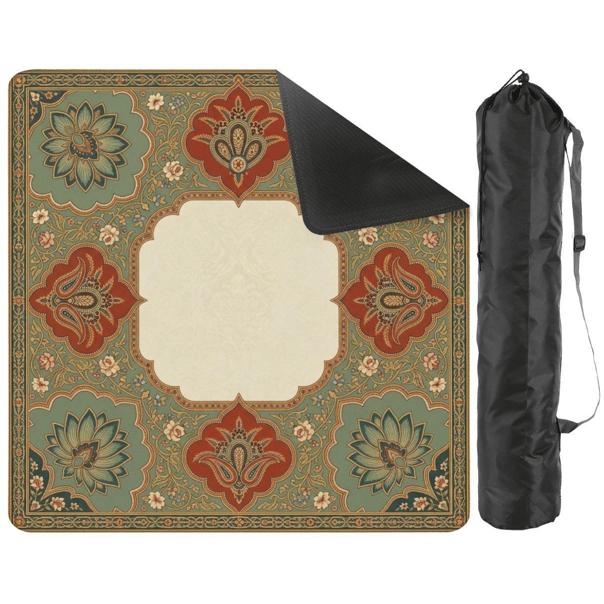 Persian Mahjong Mat, Sage and Terracotta Lotus Medallion Table Mat, Vintage Moroccan Boho Game Night Decor, Non Slip Roll Up
