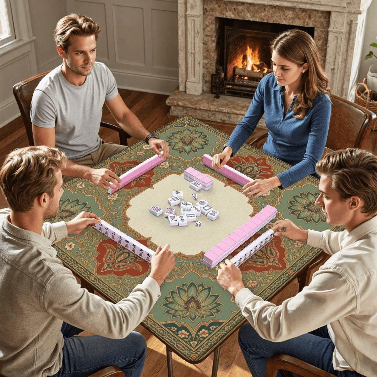 Persian Mahjong Mat, Sage and Terracotta Lotus Medallion Table Mat, Vintage Moroccan Boho Game Night Decor, Non Slip Roll Up