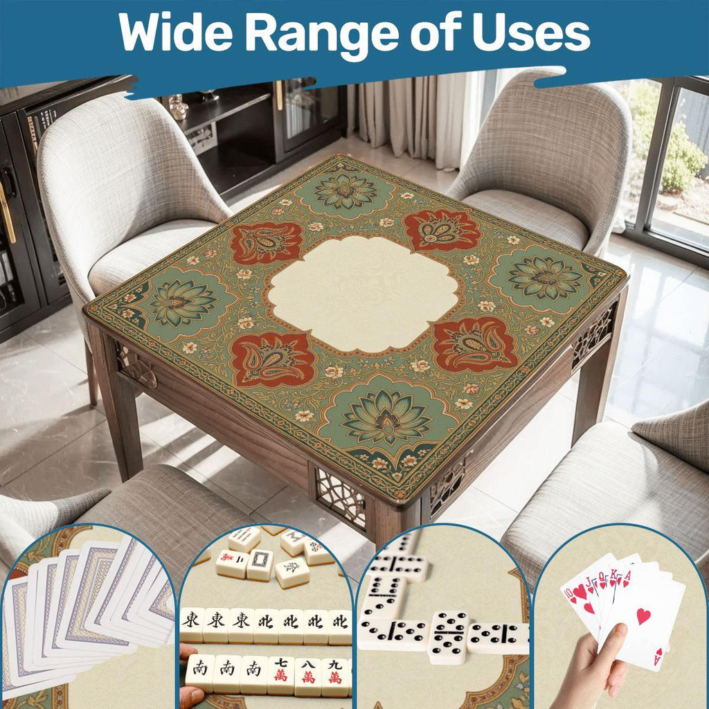 Persian Mahjong Mat, Sage and Terracotta Lotus Medallion Table Mat, Vintage Moroccan Boho Game Night Decor, Non Slip Roll Up