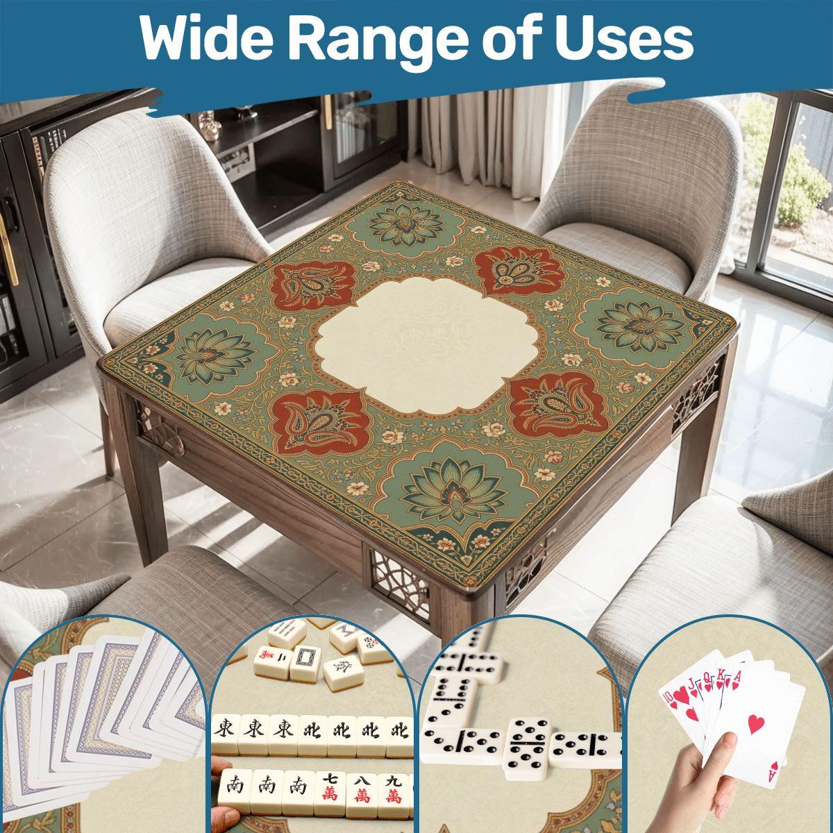 Persian Mahjong Mat, Sage and Terracotta Lotus Medallion Table Mat, Vintage Moroccan Boho Game Night Decor, Non Slip Roll Up