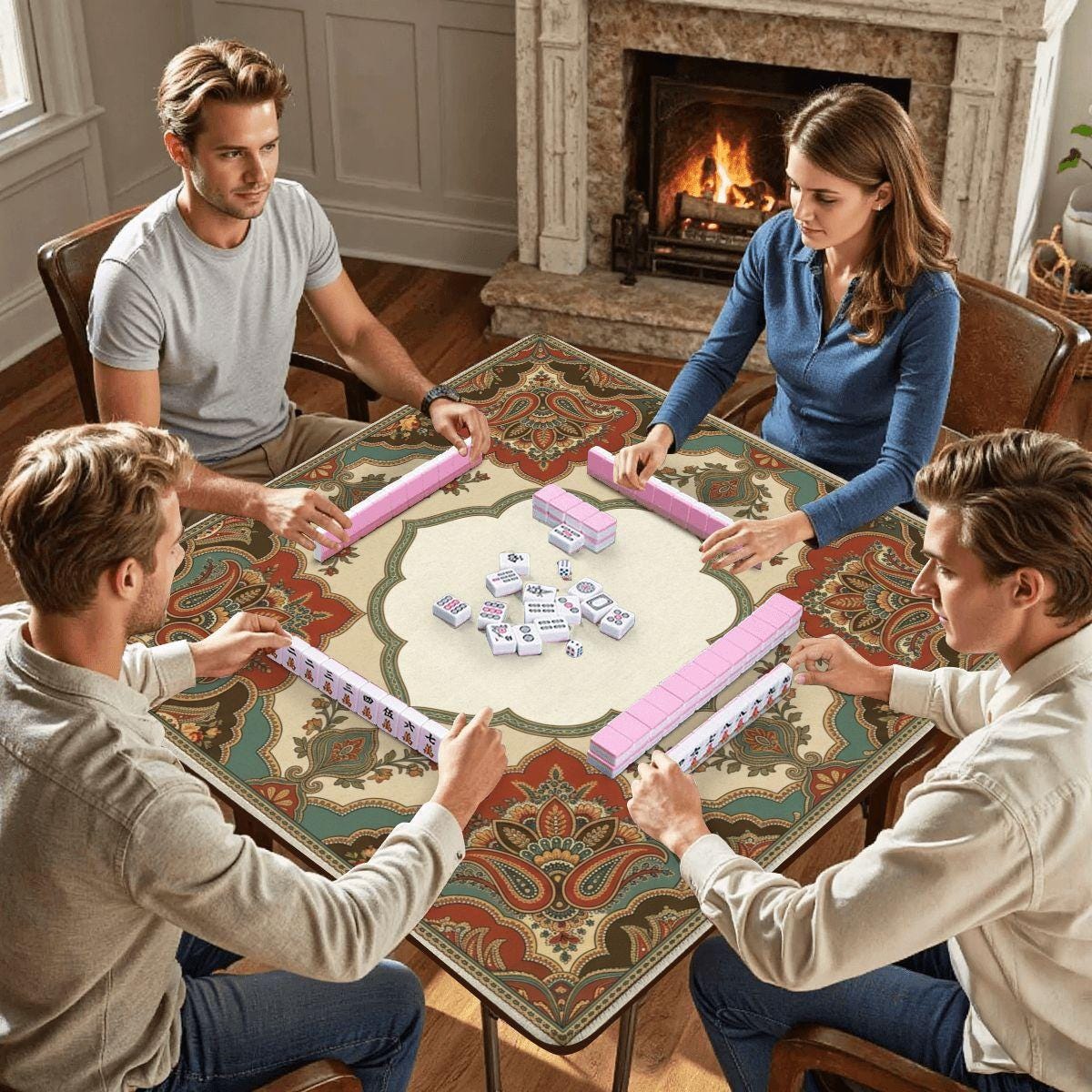 Boho Paisley Mahjong Mat, Rust and Sage Vintage Rug Table Mat, Retro Bohemian Game Night Decor, Non Slip Roll Up Playmat