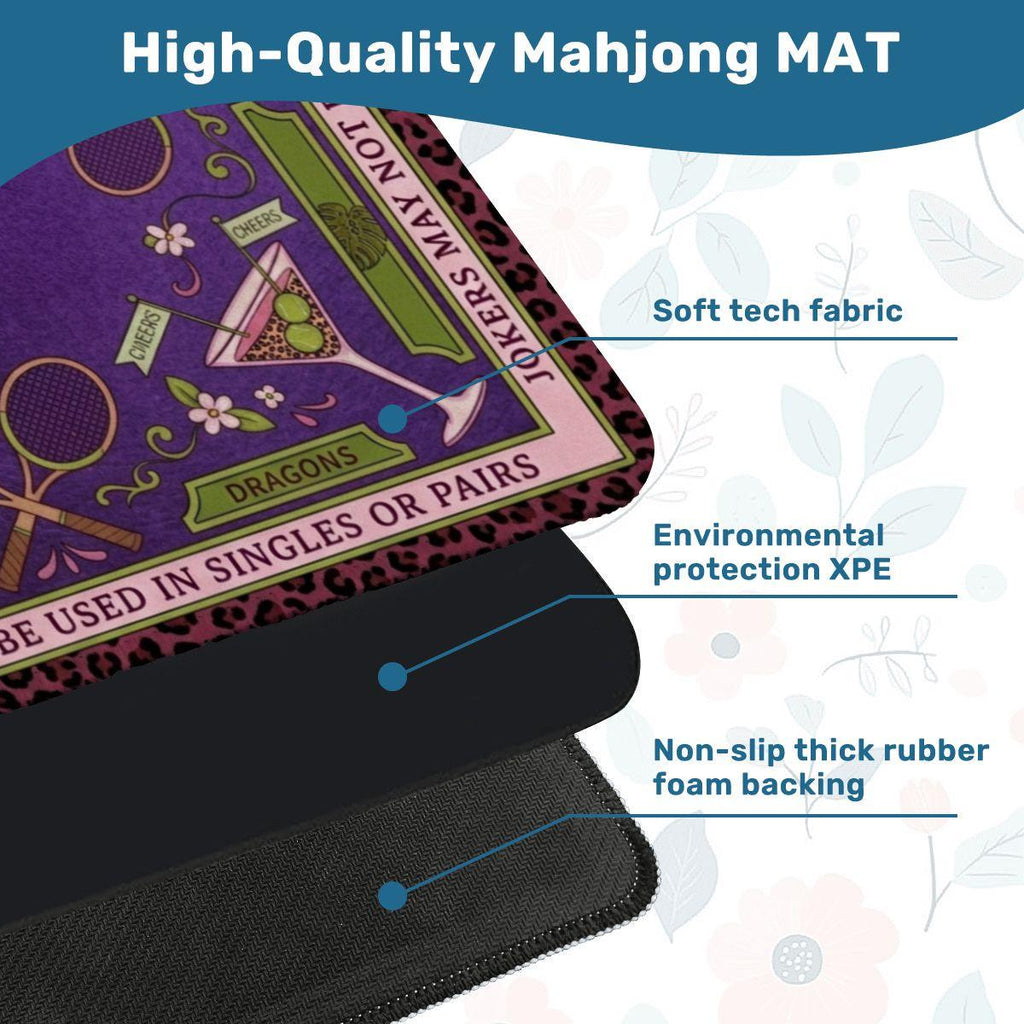 Tennis Mahjong Mat, Purple Leopard Cocktail Playmat, Preppy Country Club Mahjongg Pad, Non Slip Roll Up Racquet Game Night Gift