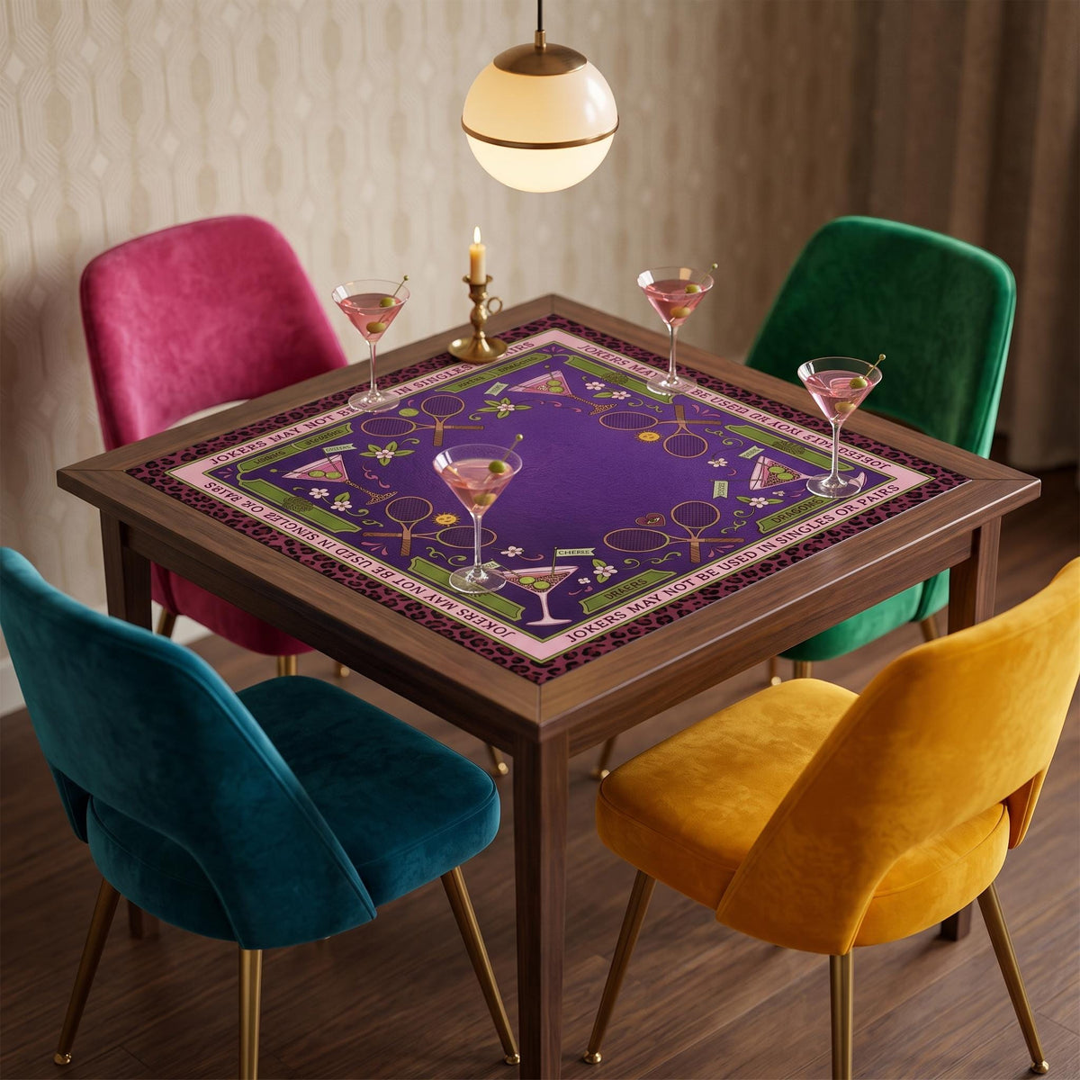 Tennis Mahjong Mat, Purple Leopard Cocktail Playmat, Preppy Country Club Mahjongg Pad, Non Slip Roll Up Racquet Game Night Gift
