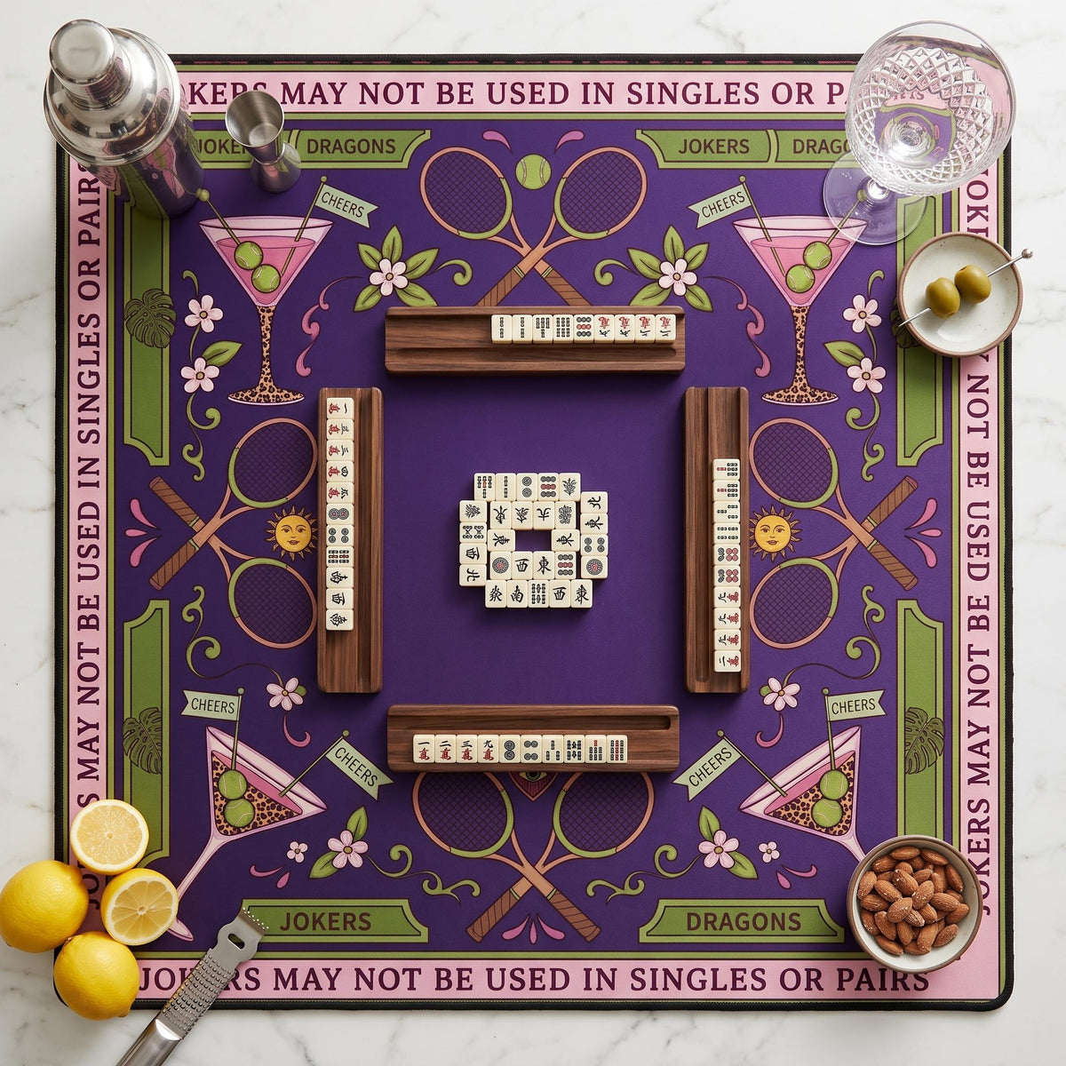 Tennis Mahjong Mat, Purple Leopard Cocktail Playmat, Preppy Country Club Mahjongg Pad, Non Slip Roll Up Racquet Game Night Gift