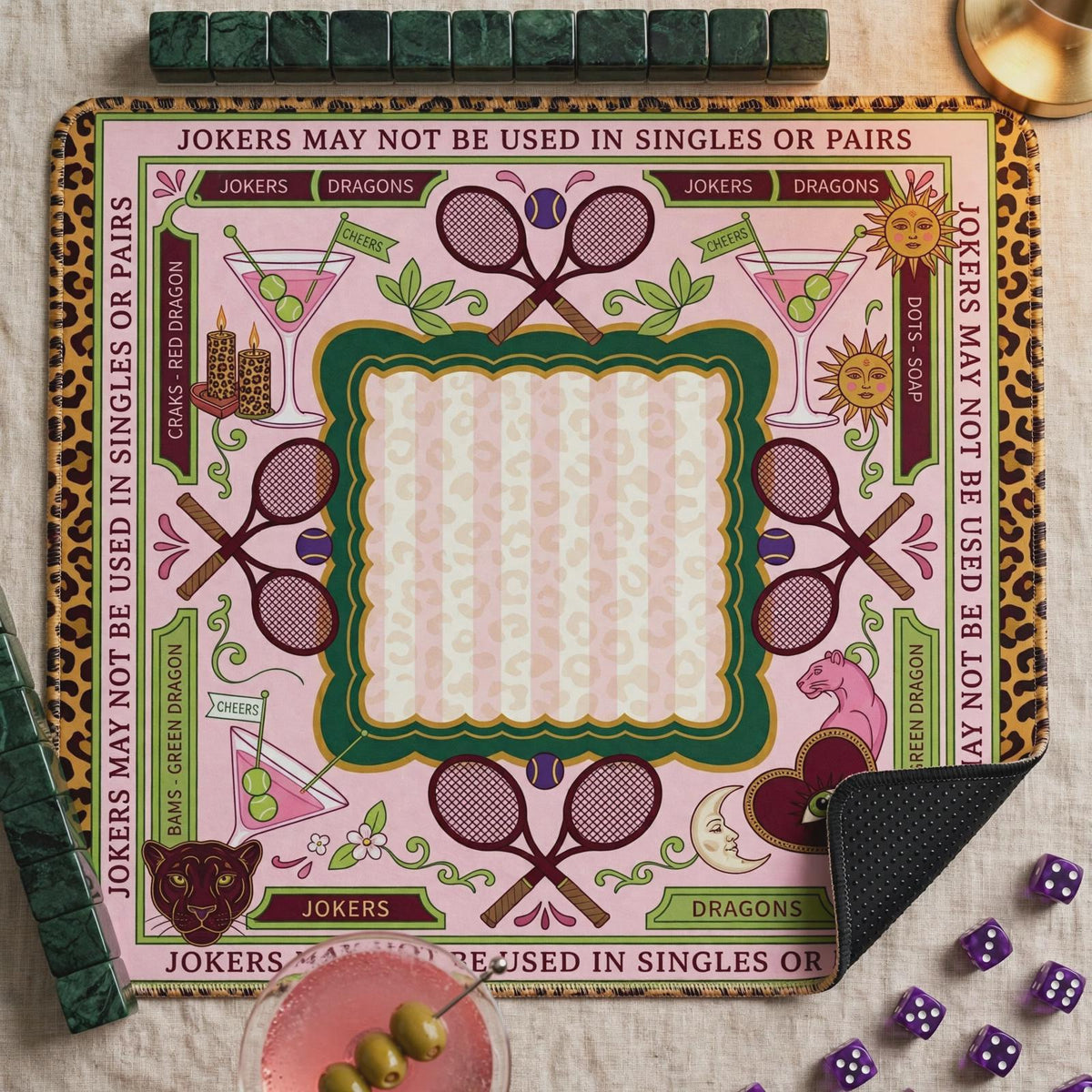 Pink Leopard Mahjong Mat, Funny Jokers Rule Quote Playmat, Blush Animal Print Mahjongg Pad, Girls Night Gift for Mahj Players