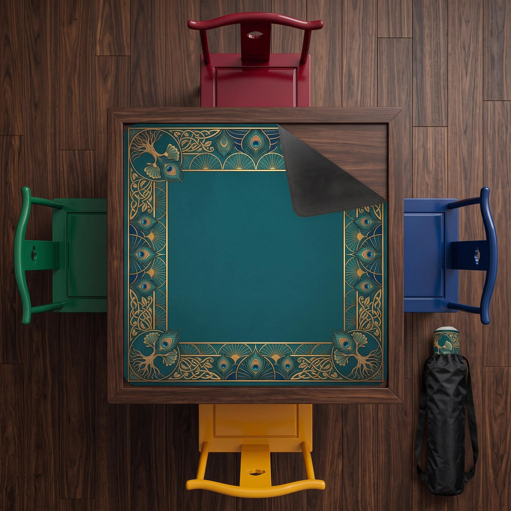 Chinoiserie Mahjong Mat, Green and Gold Oriental Medallion Playmat, Rollable Non Slip Mah Jongg Table Mat, Game Room Decor Gift