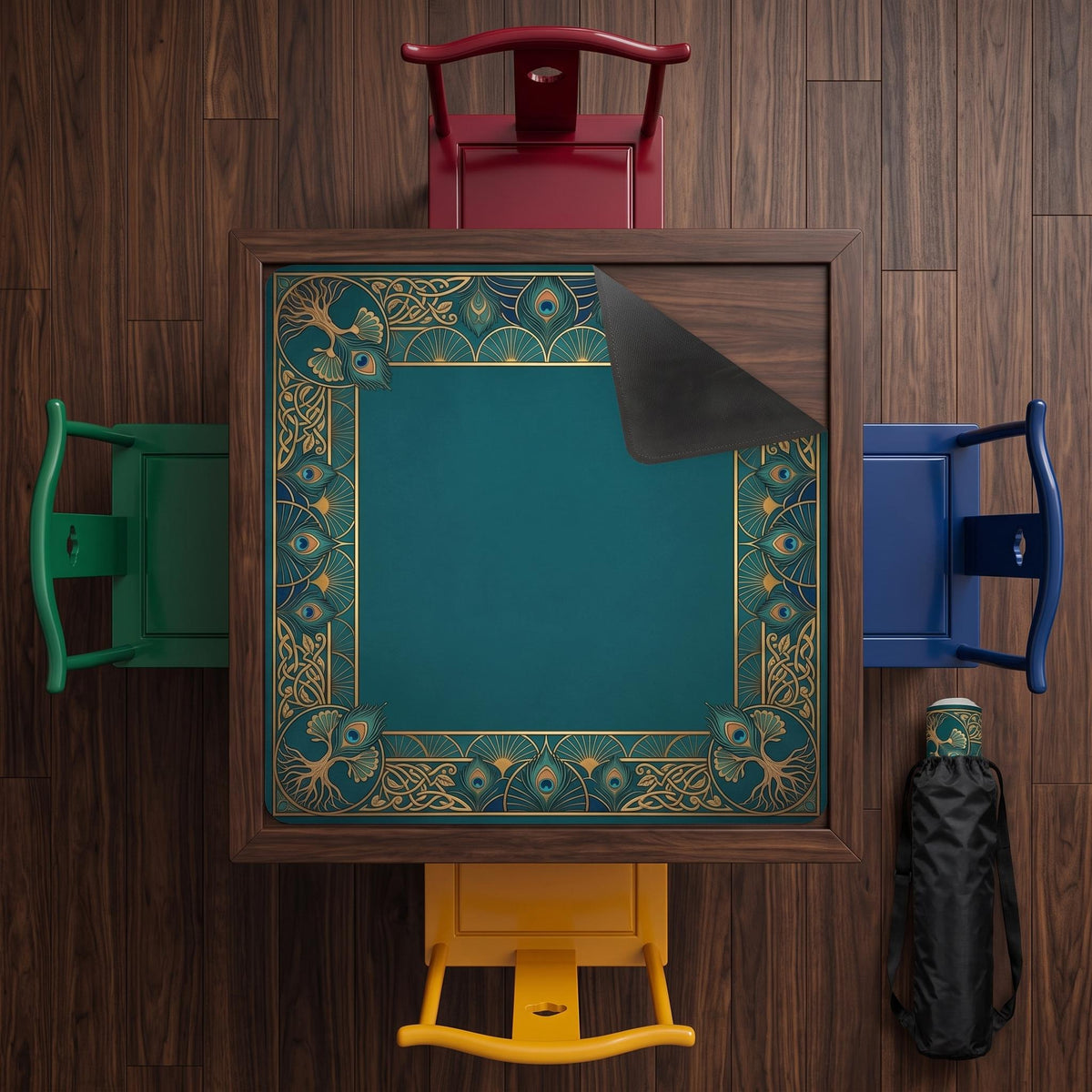 Chinoiserie Mahjong Mat, Green and Gold Oriental Medallion Playmat, Rollable Non Slip Mah Jongg Table Mat, Game Room Decor Gift