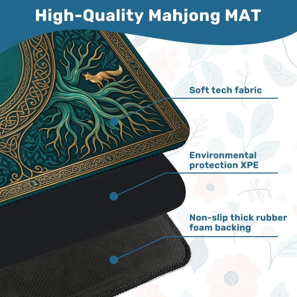 Teal and Gold Mahjong Mat, Coastal Knotwork Medallion Playmat, Turquoise Non Slip Roll Up Mahjongg Pad, Beach House Game Room Decor