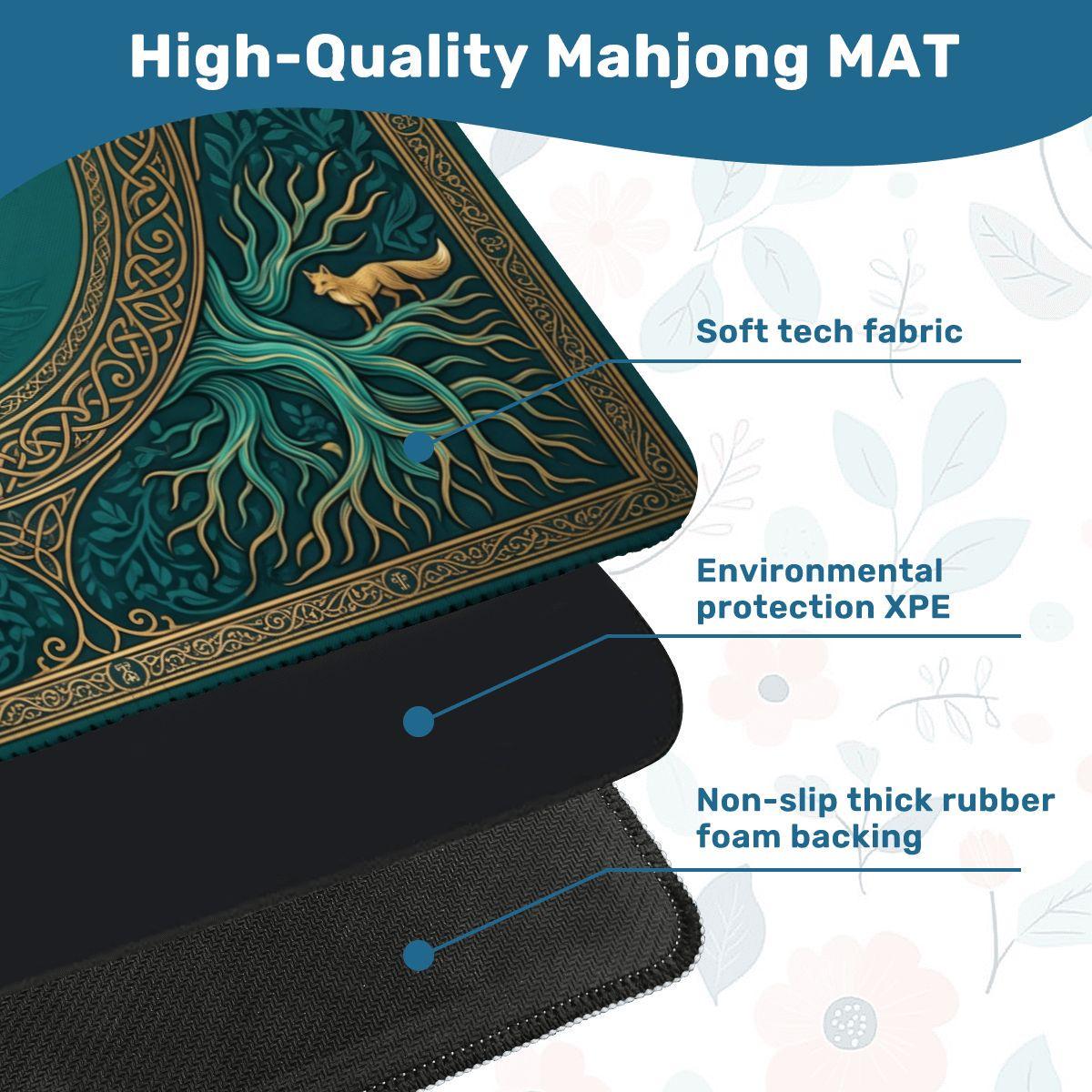 Teal and Gold Mahjong Mat, Coastal Knotwork Medallion Playmat, Turquoise Non Slip Roll Up Mahjongg Pad, Beach House Game Room Decor