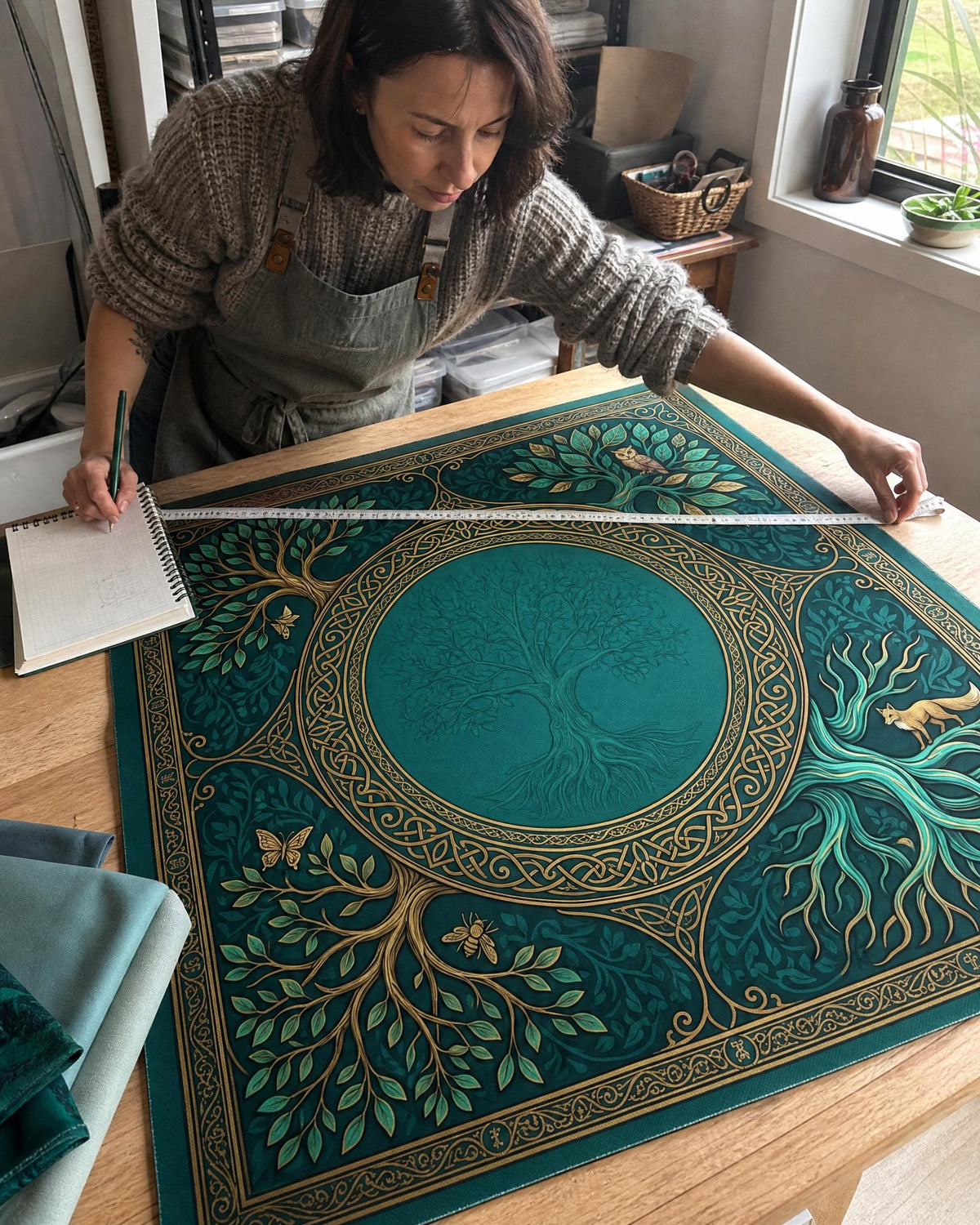 Teal and Gold Mahjong Mat, Coastal Knotwork Medallion Playmat, Turquoise Non Slip Roll Up Mahjongg Pad, Beach House Game Room Decor