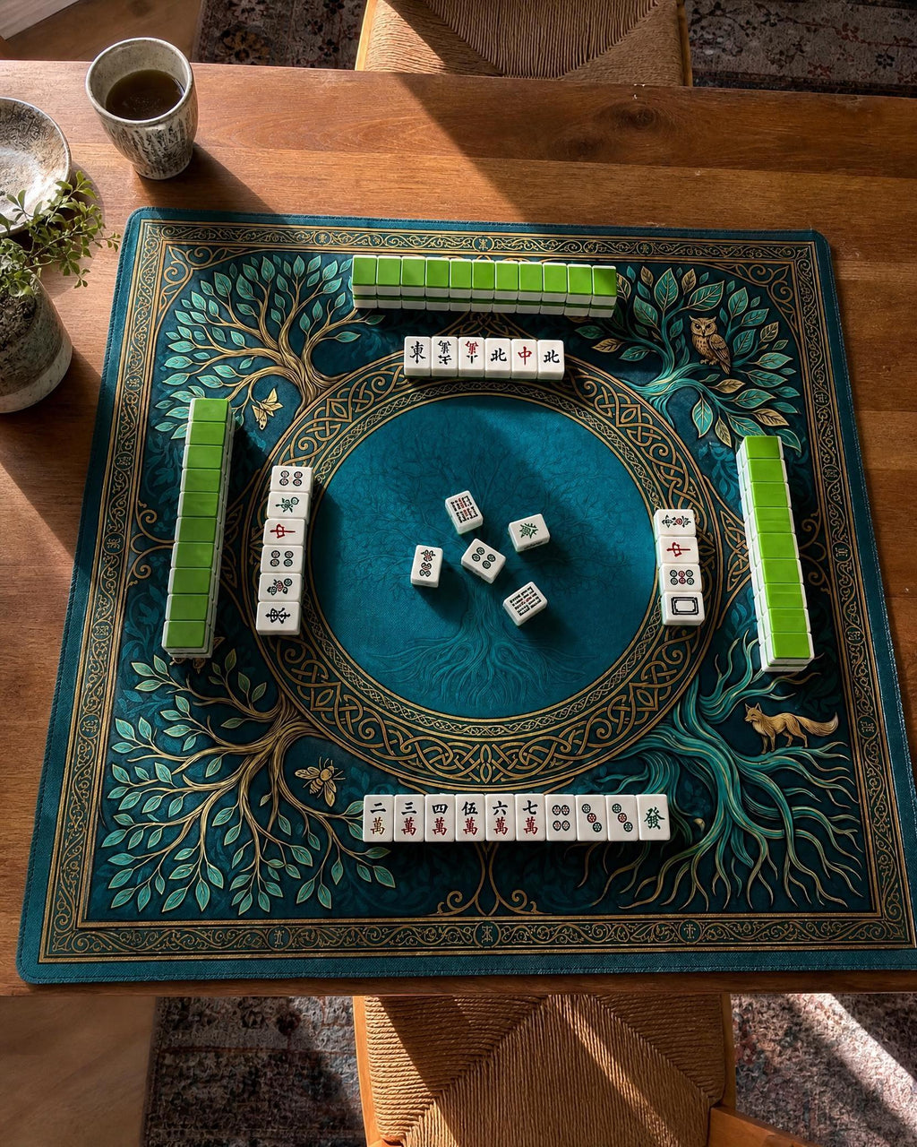 Teal and Gold Mahjong Mat, Coastal Knotwork Medallion Playmat, Turquoise Non Slip Roll Up Mahjongg Pad, Beach House Game Room Decor