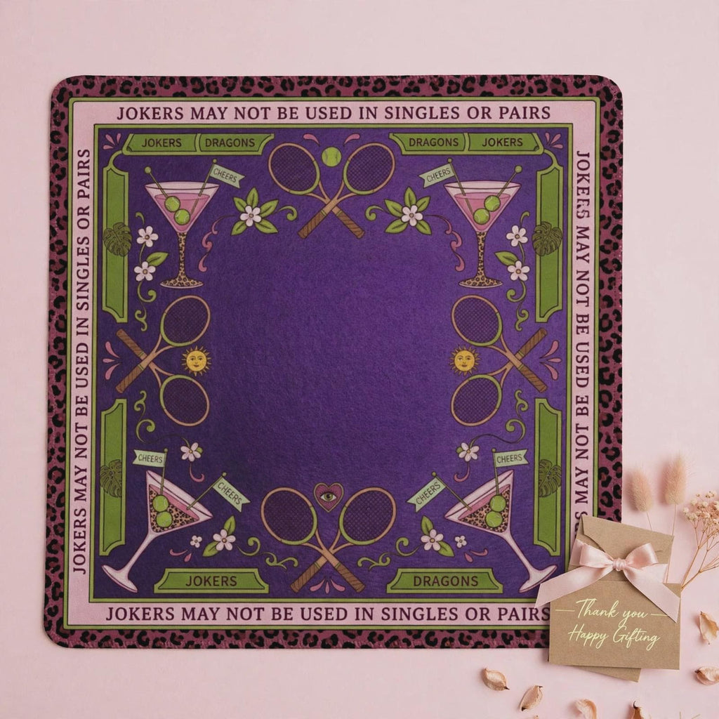 Tennis Mahjong Mat, Purple Leopard Cocktail Playmat, Preppy Country Club Mahjongg Pad, Non Slip Roll Up Racquet Game Night Gift