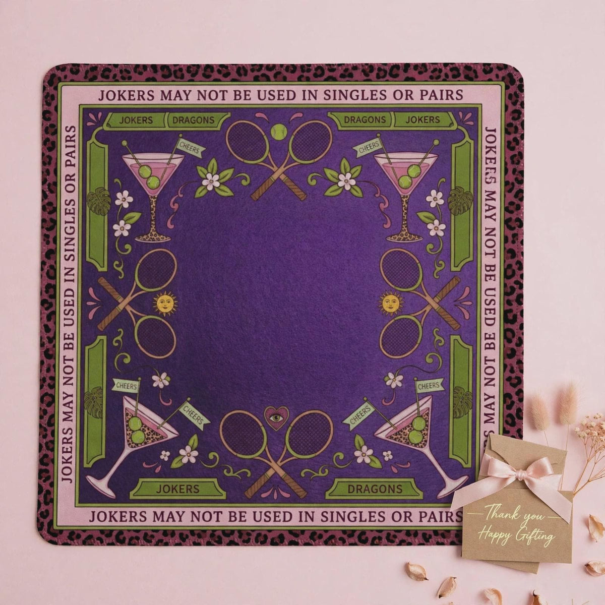 Tennis Mahjong Mat, Purple Leopard Cocktail Playmat, Preppy Country Club Mahjongg Pad, Non Slip Roll Up Racquet Game Night Gift