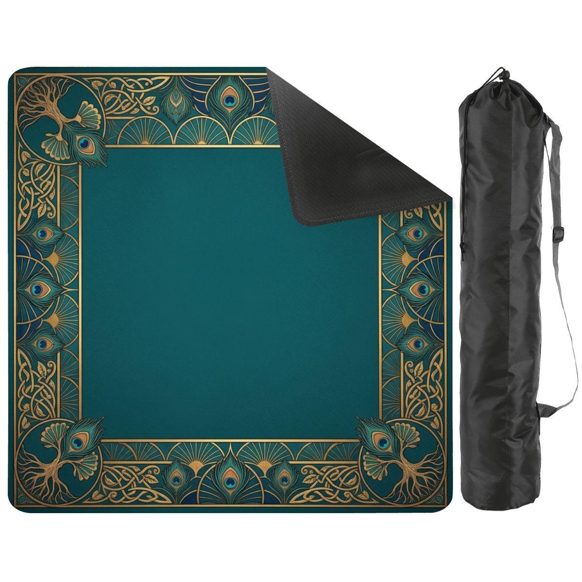 Chinoiserie Mahjong Mat, Green and Gold Oriental Medallion Playmat, Rollable Non Slip Mah Jongg Table Mat, Game Room Decor Gift