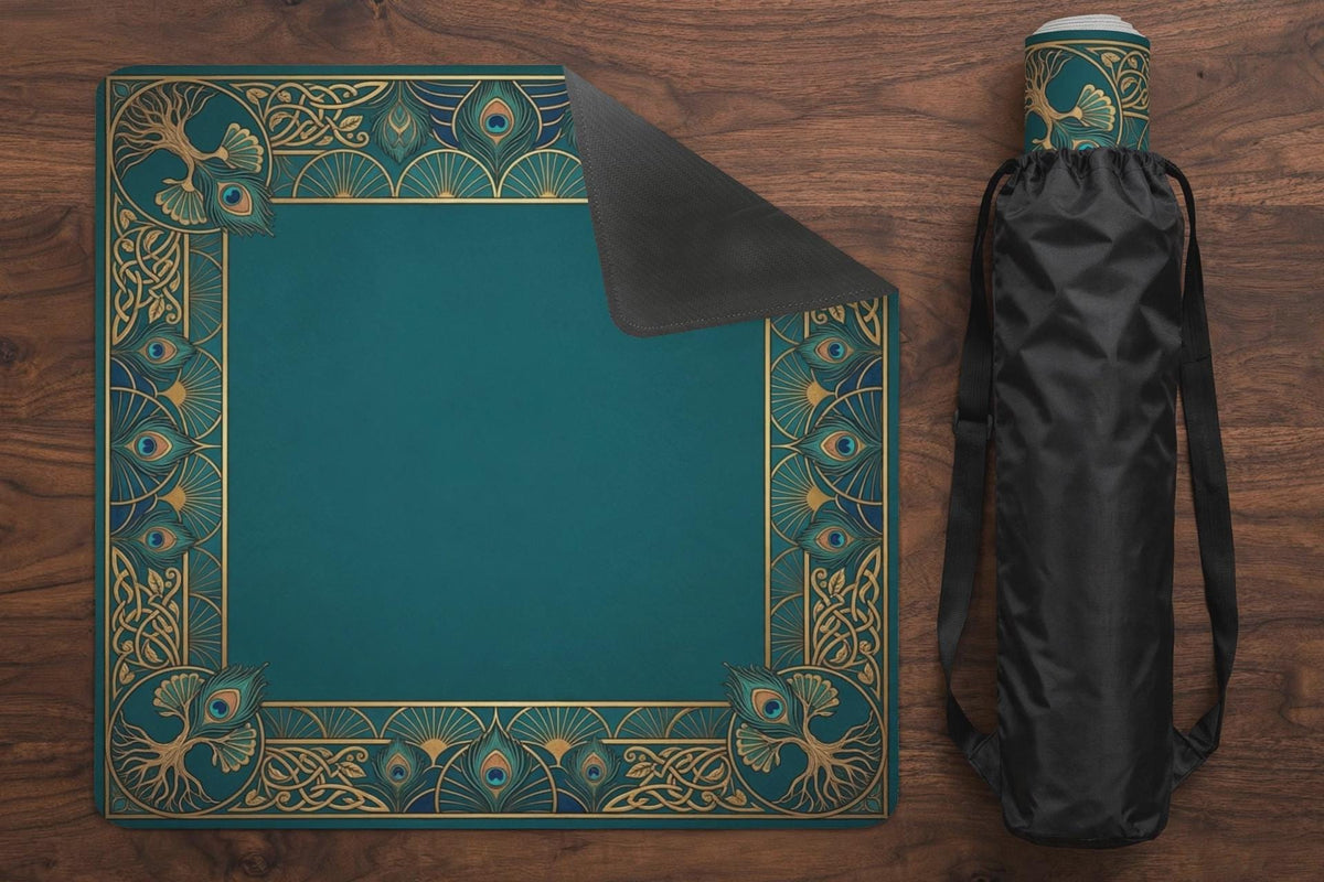 Chinoiserie Mahjong Mat, Green and Gold Oriental Medallion Playmat, Rollable Non Slip Mah Jongg Table Mat, Game Room Decor Gift
