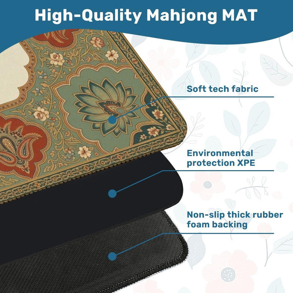 Persian Mahjong Mat, Sage and Terracotta Lotus Medallion Table Mat, Vintage Moroccan Boho Game Night Decor, Non Slip Roll Up