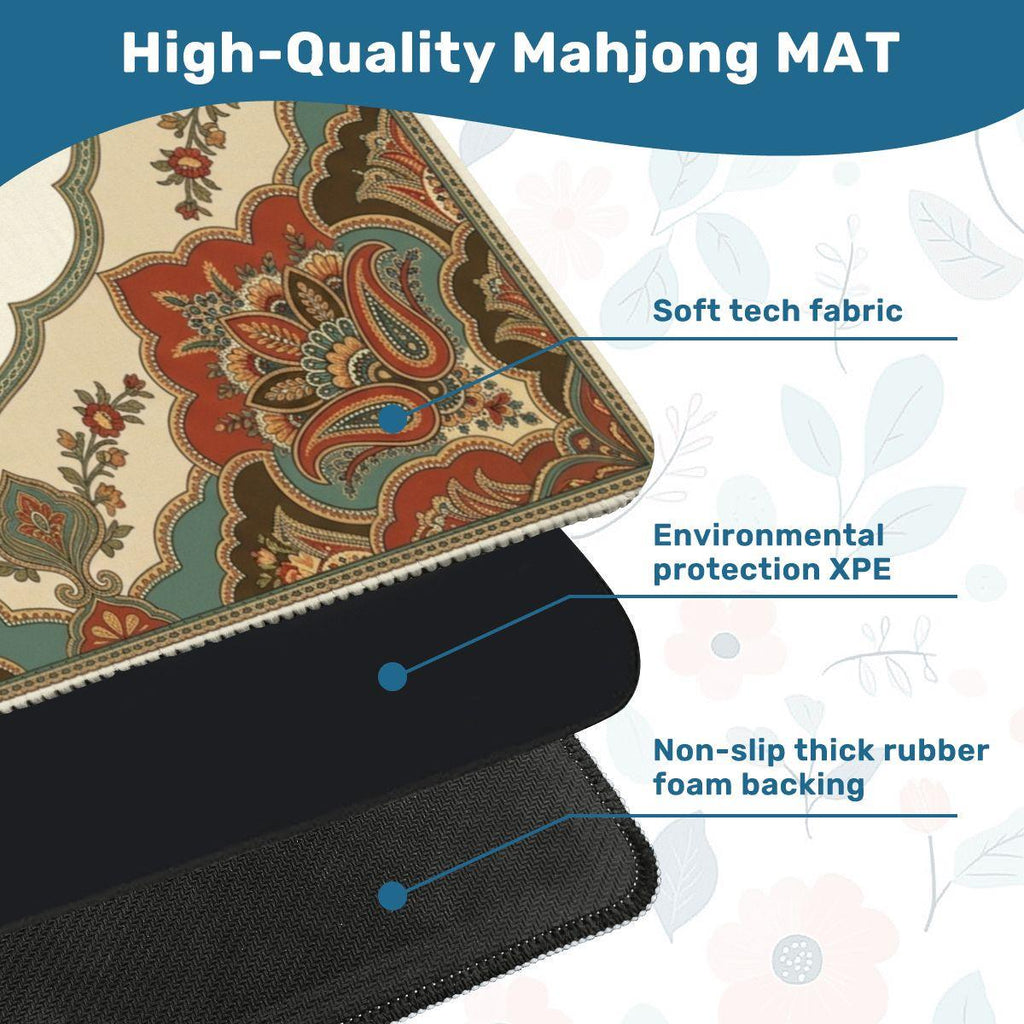 Boho Paisley Mahjong Mat, Rust and Sage Vintage Rug Table Mat, Retro Bohemian Game Night Decor, Non Slip Roll Up Playmat