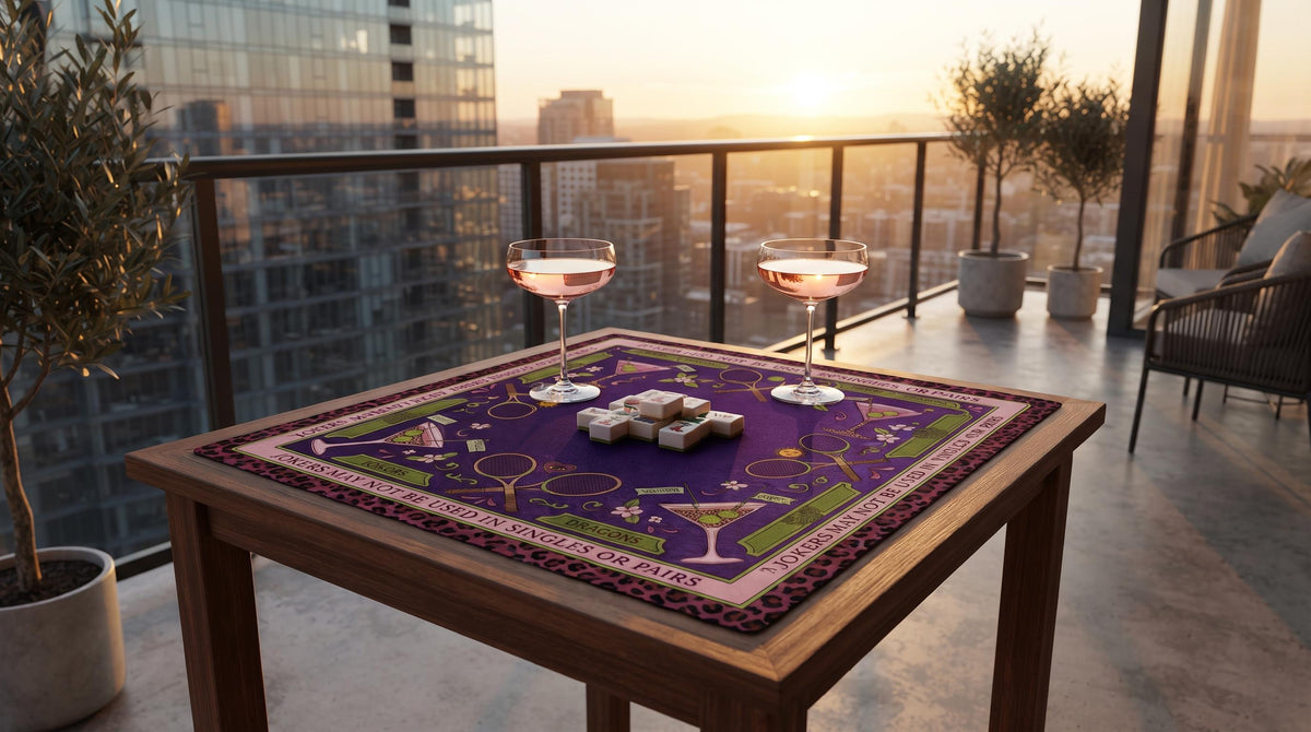 Tennis Mahjong Mat, Purple Leopard Cocktail Playmat, Preppy Country Club Mahjongg Pad, Non Slip Roll Up Racquet Game Night Gift