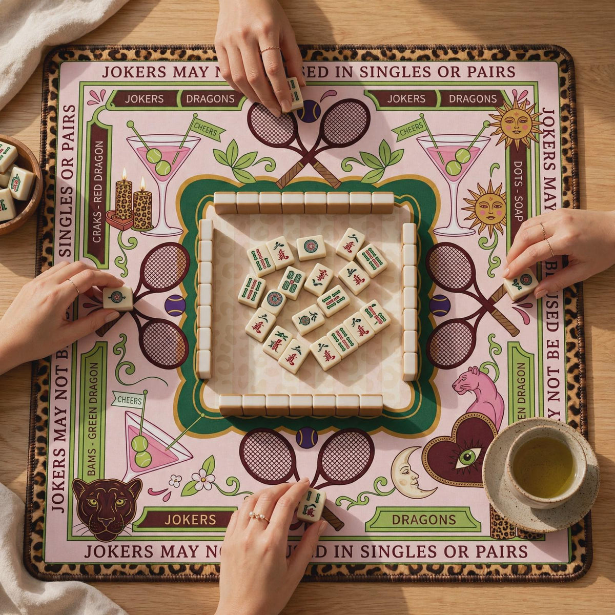 Pink Leopard Mahjong Mat, Funny Jokers Rule Quote Playmat, Blush Animal Print Mahjongg Pad, Girls Night Gift for Mahj Players