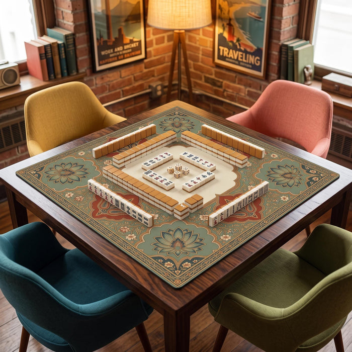 Persian Mahjong Mat, Sage and Terracotta Lotus Medallion Table Mat, Vintage Moroccan Boho Game Night Decor, Non Slip Roll Up