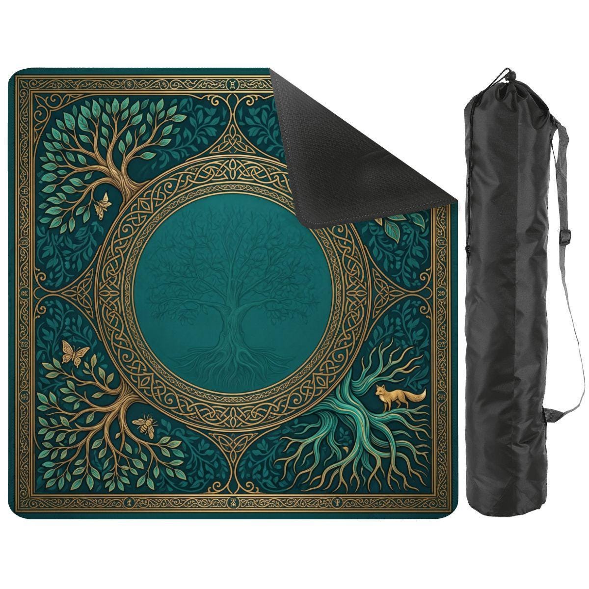 Teal and Gold Mahjong Mat, Coastal Knotwork Medallion Playmat, Turquoise Non Slip Roll Up Mahjongg Pad, Beach House Game Room Decor