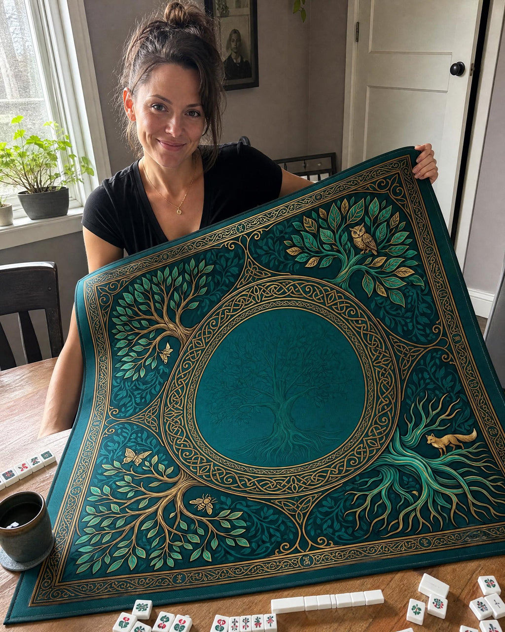 Teal and Gold Mahjong Mat, Coastal Knotwork Medallion Playmat, Turquoise Non Slip Roll Up Mahjongg Pad, Beach House Game Room Decor