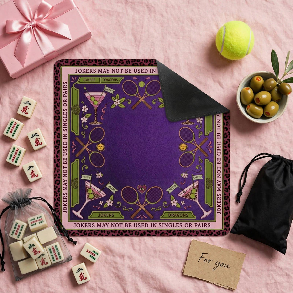 Tennis Mahjong Mat, Purple Leopard Cocktail Playmat, Preppy Country Club Mahjongg Pad, Non Slip Roll Up Racquet Game Night Gift