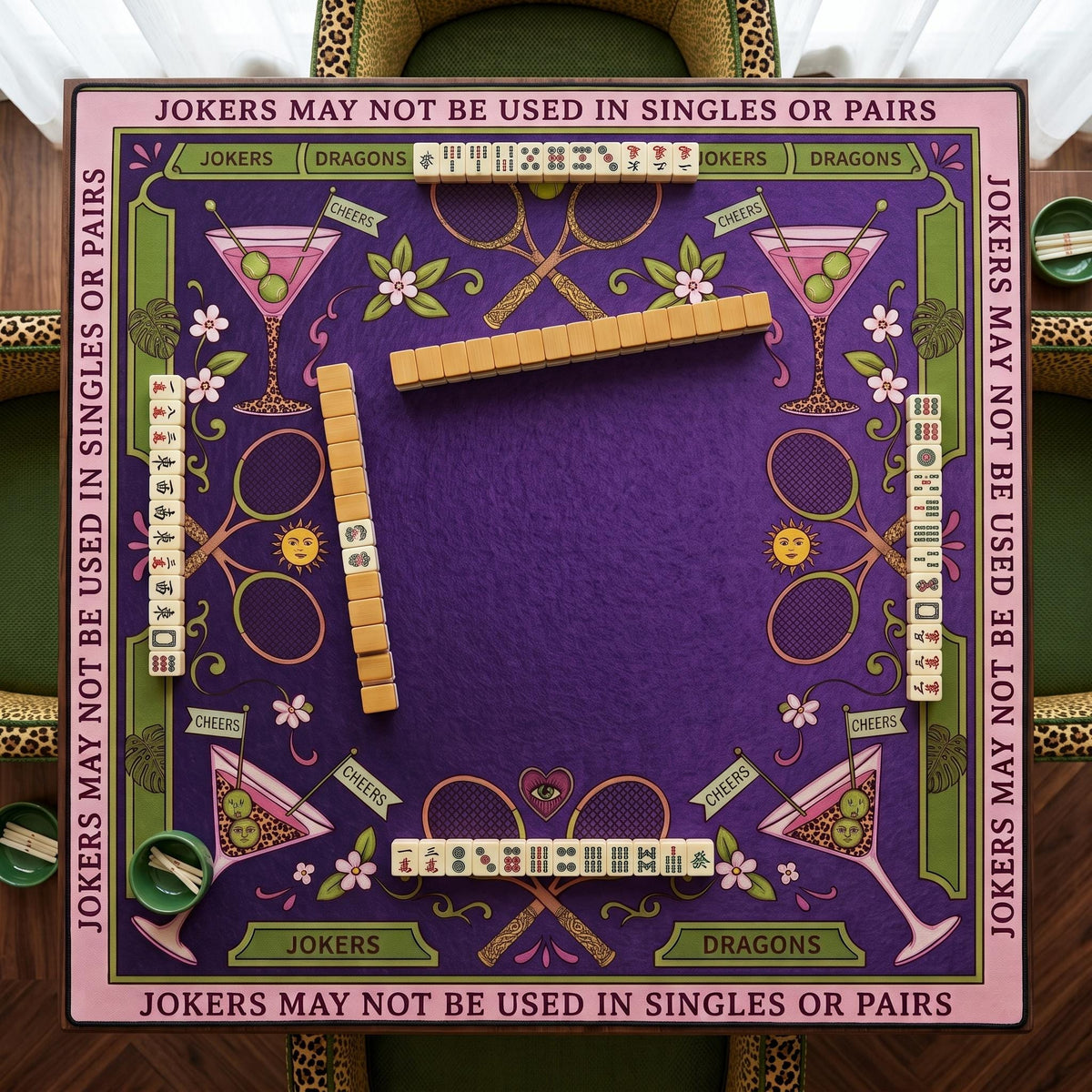 Tennis Mahjong Mat, Purple Leopard Cocktail Playmat, Preppy Country Club Mahjongg Pad, Non Slip Roll Up Racquet Game Night Gift