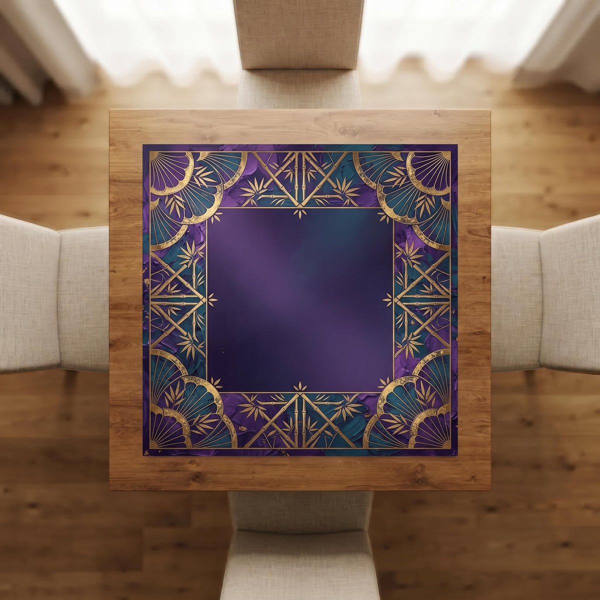 Purple Teal Mahjong Mat, Gold Bamboo Fan Medallion Table Cover, Non Slip Rollable Mahjong Playmat, Jewel Tone Mahjong Gift for Her