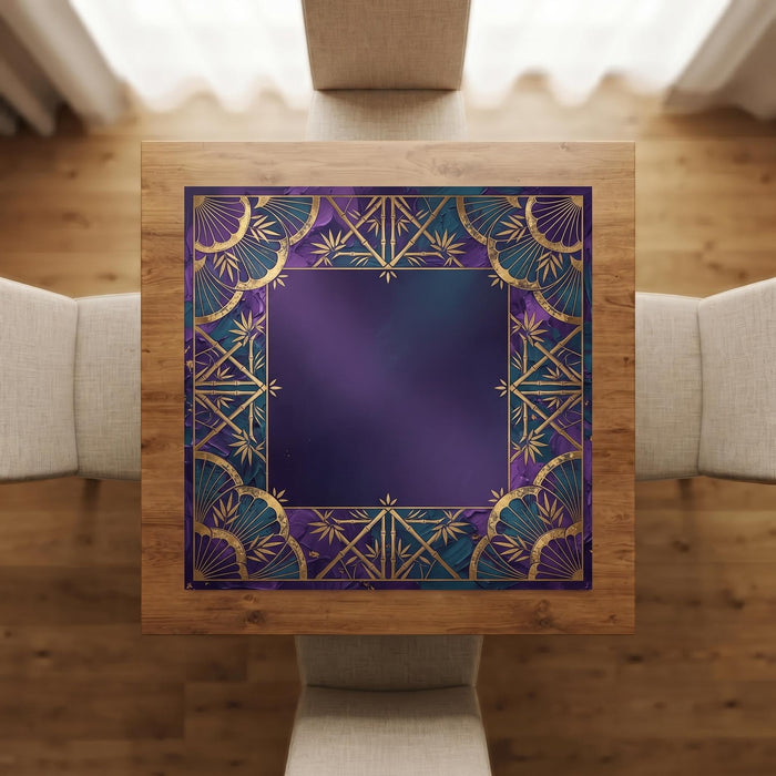 Purple Teal Mahjong Mat, Gold Bamboo Fan Medallion Table Cover, Non Slip Rollable Mahjong Playmat, Jewel Tone Mahjong Gift for Her