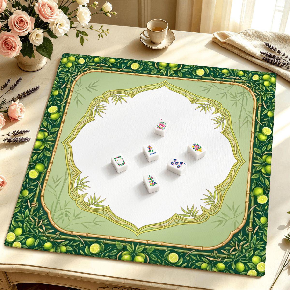Bamboo and Lime Mahjong Mat, Green Citrus Palm Beach Game Table Mat, Non Slip Roll Up Mahjong Gift with Storage Bag