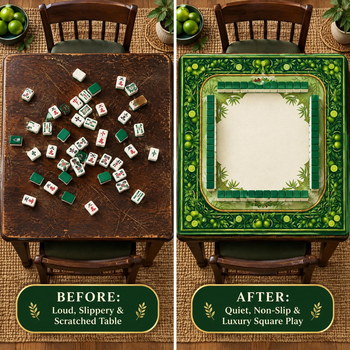 Bamboo and Lime Mahjong Mat, Green Citrus Palm Beach Game Table Mat, Non Slip Roll Up Mahjong Gift with Storage Bag