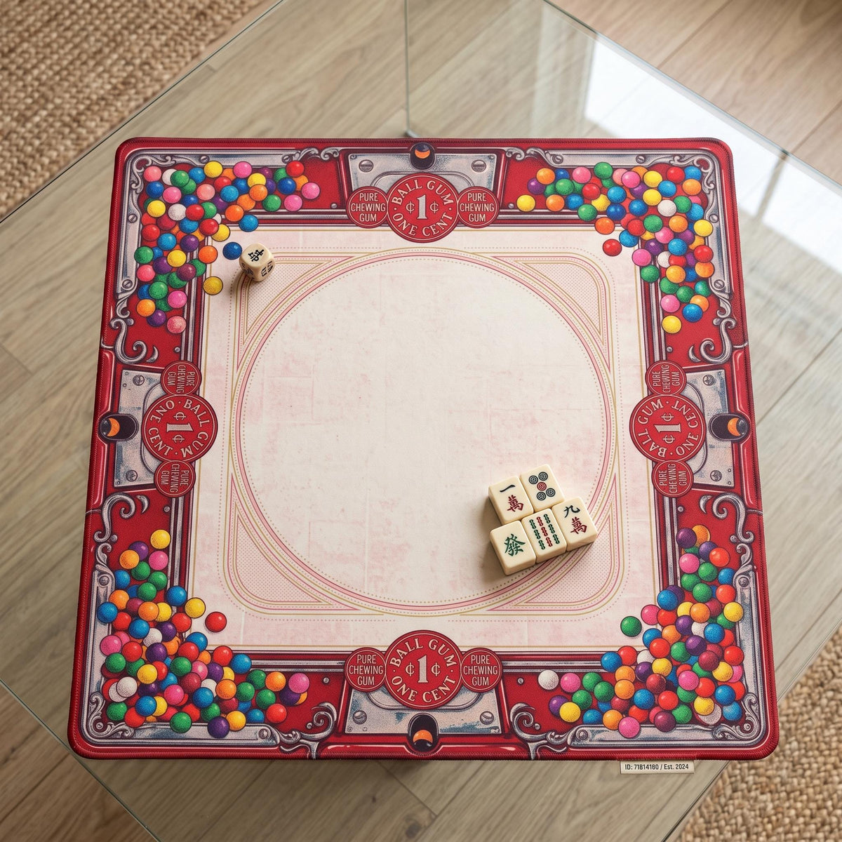 Gumball Machine Mahjong Mat, Retro Candy Shop Table Mat, Red Bubblegum Vintage Americana Decor, Non Slip Roll Up Game Night Gift