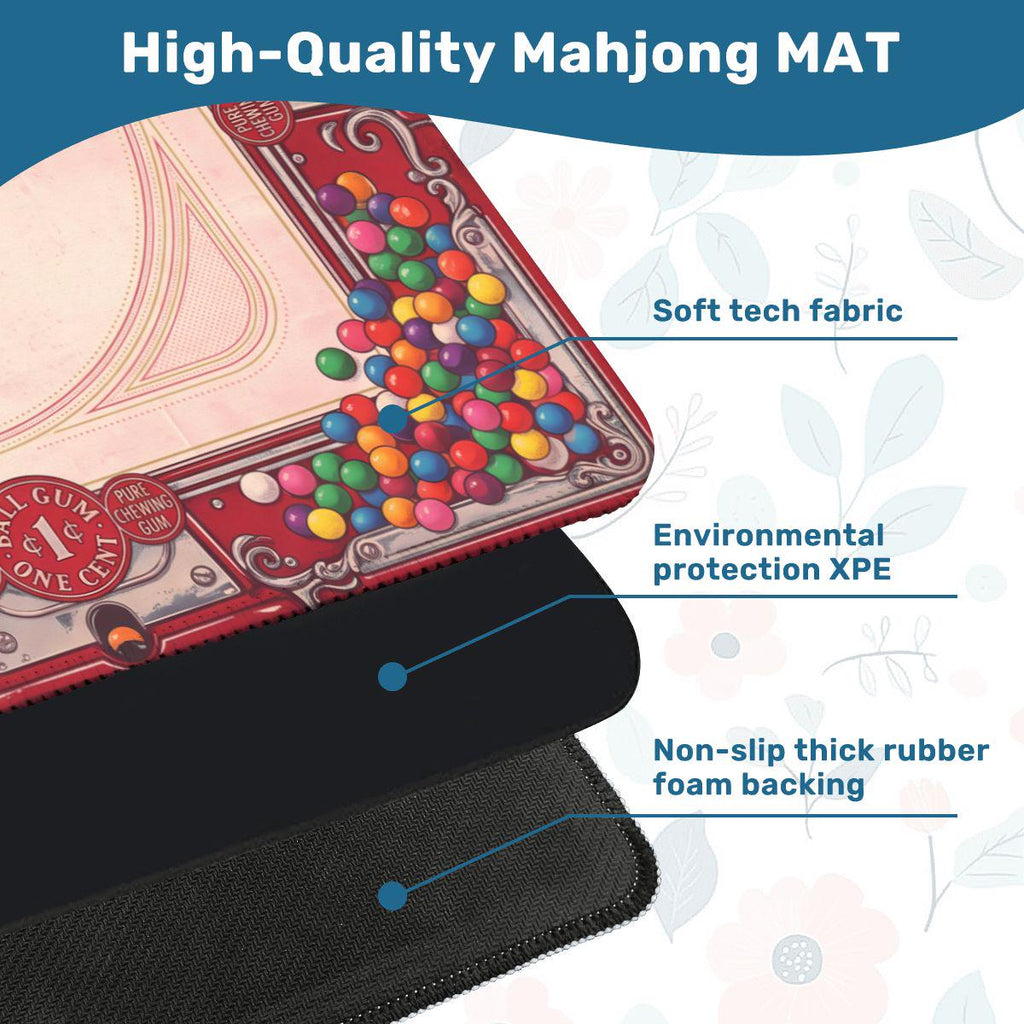 Gumball Machine Mahjong Mat, Retro Candy Shop Table Mat, Red Bubblegum Vintage Americana Decor, Non Slip Roll Up Game Night Gift