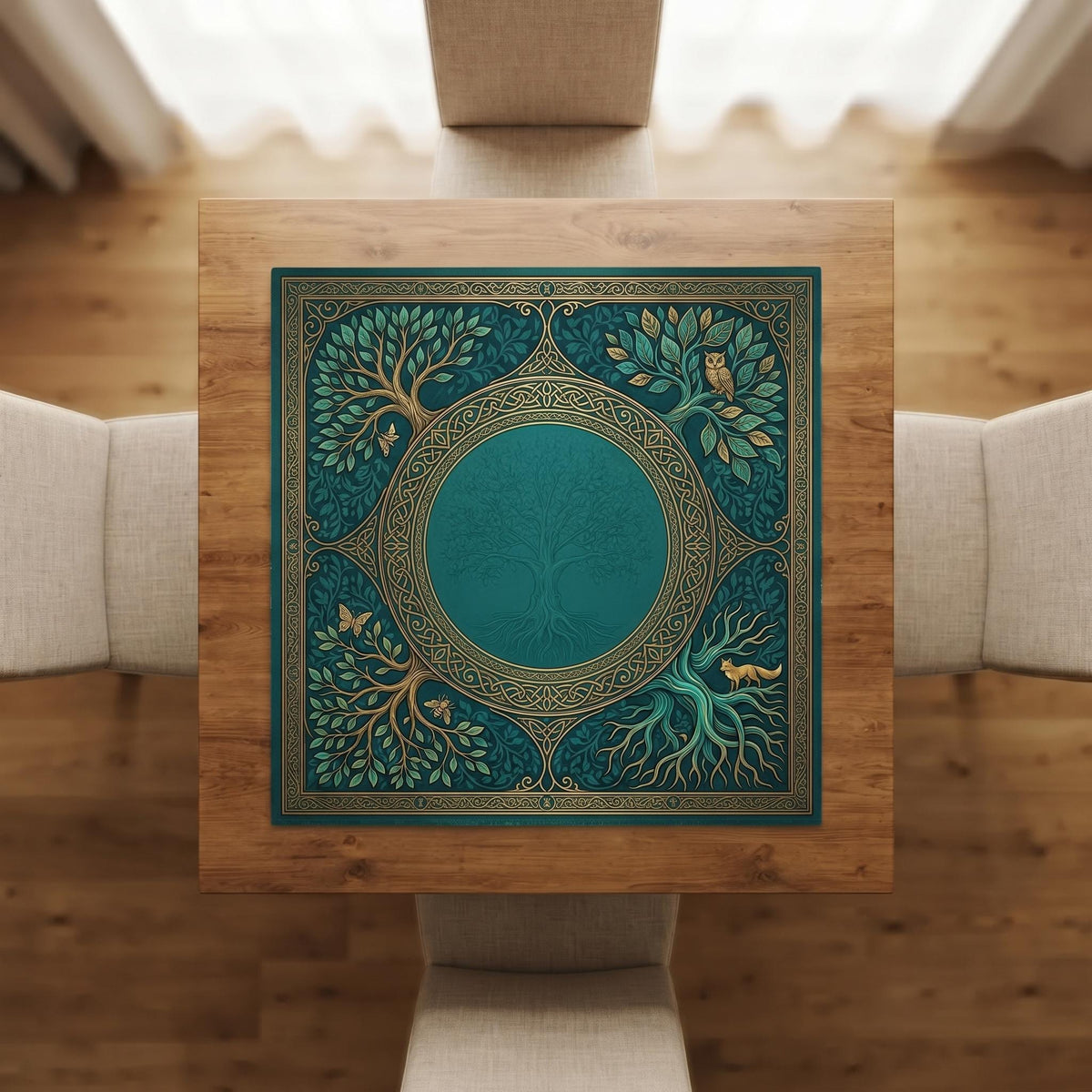 Teal and Gold Mahjong Mat, Coastal Knotwork Medallion Playmat, Turquoise Non Slip Roll Up Mahjongg Pad, Beach House Game Room Decor