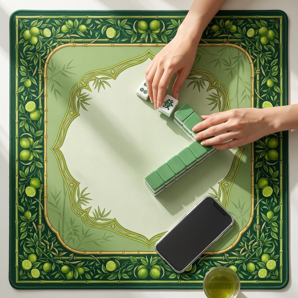 Bamboo and Lime Mahjong Mat, Green Citrus Palm Beach Game Table Mat, Non Slip Roll Up Mahjong Gift with Storage Bag