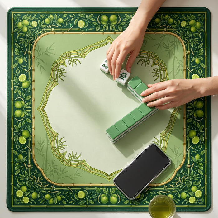 Bamboo and Lime Mahjong Mat, Green Citrus Palm Beach Game Table Mat, Non Slip Roll Up Mahjong Gift with Storage Bag