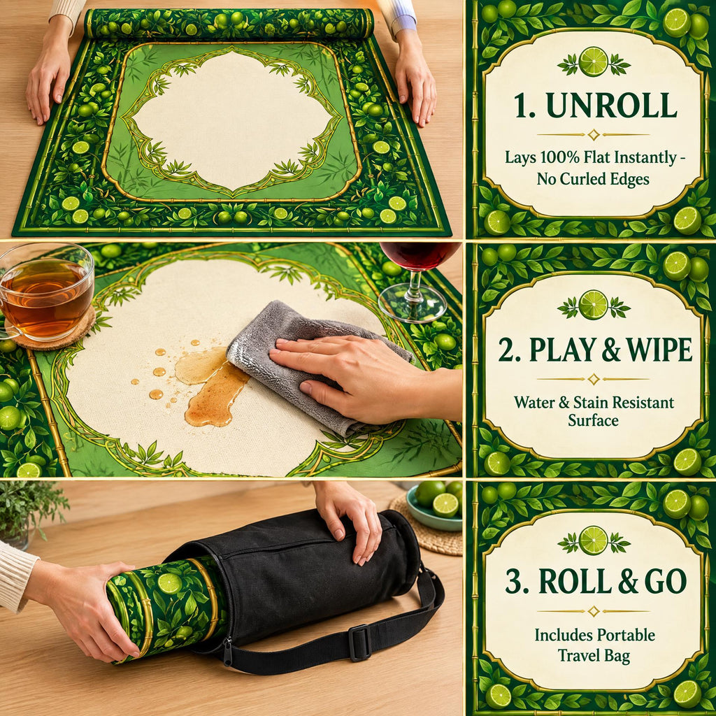 Bamboo and Lime Mahjong Mat, Green Citrus Palm Beach Game Table Mat, Non Slip Roll Up Mahjong Gift with Storage Bag