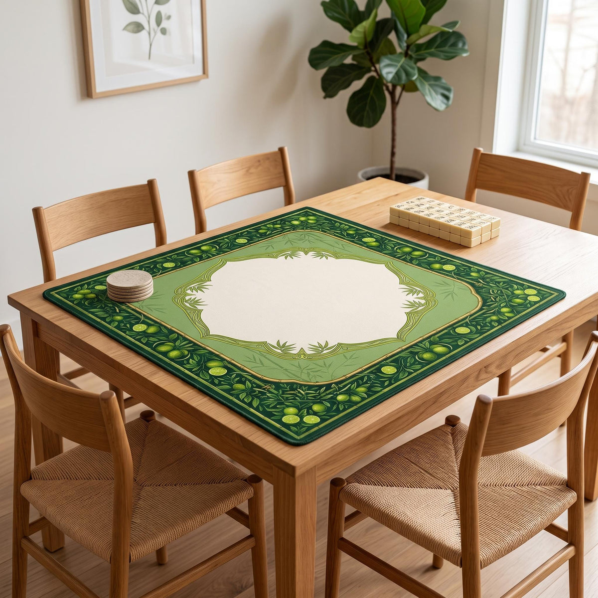 Bamboo and Lime Mahjong Mat, Green Citrus Palm Beach Game Table Mat, Non Slip Roll Up Mahjong Gift with Storage Bag