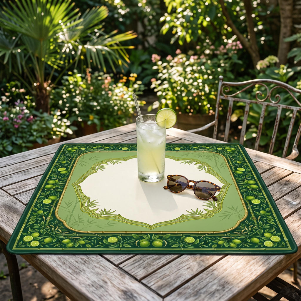 Bamboo and Lime Mahjong Mat, Green Citrus Palm Beach Game Table Mat, Non Slip Roll Up Mahjong Gift with Storage Bag