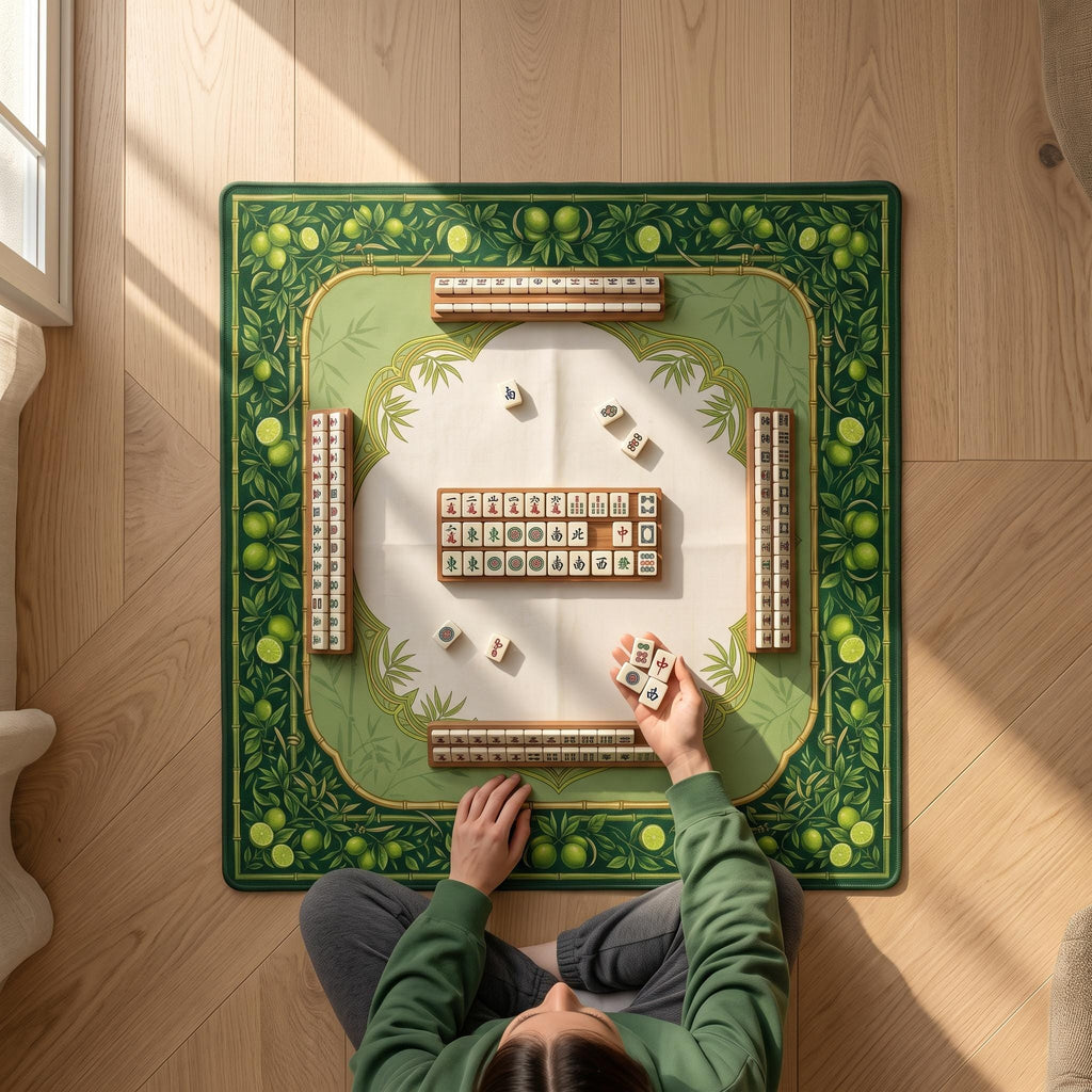 Bamboo and Lime Mahjong Mat, Green Citrus Palm Beach Game Table Mat, Non Slip Roll Up Mahjong Gift with Storage Bag