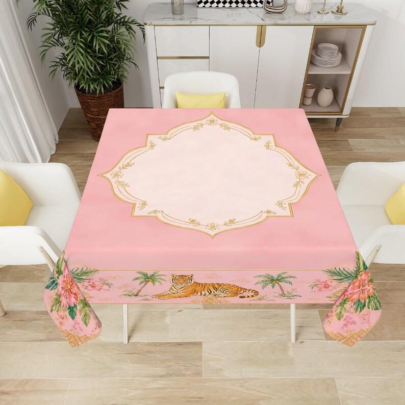 Pink Chinoiserie Tablecloth, Tiger Palm Mahjong Table Cover, Square Card Table Linen 55x55, Grandmillennial Palm Beach Decor, Hostess Gift